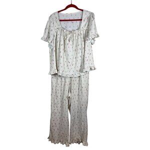 Unbranded Pajama Set Women 1X White Floral Ruffle Feminine Bridal Retro Coquette